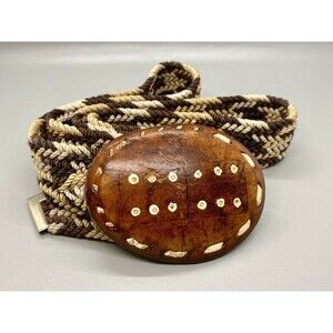 Vintage 1970s Handmade Domino White Inlay Brown Leather Western Tooled Belt 43”